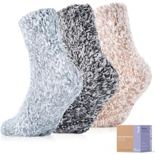 Fuzzy Socks with Grips for Women Men,Non Slip Hospital Crew Cozy Socks with Aloe Vera Perfume