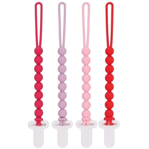 4-Pack Silicone Pacifier Clips with One-Piece Beads for Baby Boys and Girls - Flexible and Rust-Free Holders for Teething Relief and Baby Essentials, Safe for Newborns (Pink)