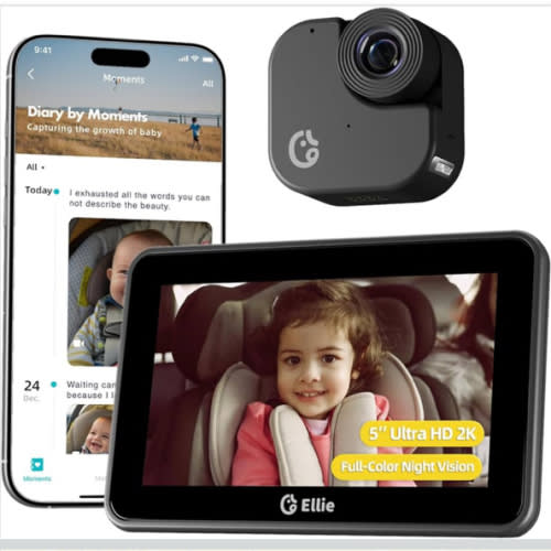 Ellie Baby Car Monitor, 2K UHD Backseat Monitor with Color Night Vision, Face Tracking, Dual Display for 2 Kids, Wide View Car Baby Camera, Smart Video Capture & App Control