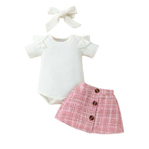 Infant Baby Girls Summer Outfit Short Sleeve Rompers and Plaid Print Button Skirt with Headband Summer Clothes 3Pcs Set