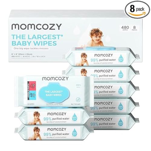 Momcozy Baby Wipes-Extra Large Size Design, 99% Water Based, Unscented & Hypoallergenic, Cleansing & Moisturizing Baby Wipes for Sensitive Skin, 8 Flip-Top Packs (480 Wipes Total)