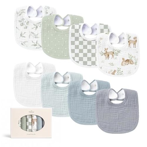 Konssy 8-Pack Muslin Baby Bibs, Adjustable Fit for Drooling and Teething