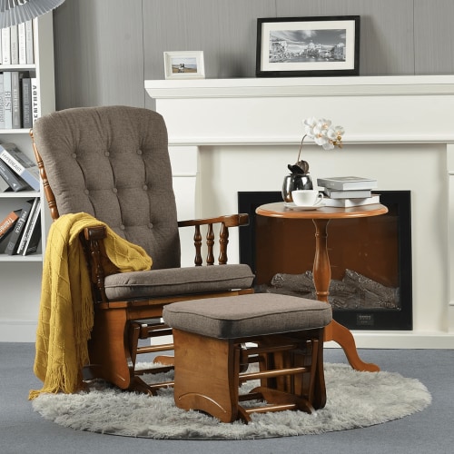 Dvasovio Anti-Pinch Rubber Wood Glider Chair with Ottoman, Antique Brown, Ergonomic Design