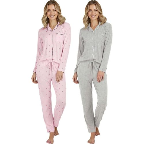 Real Essentials 2 Pack: Women's Pajamas Set Button Down Pants Soft Matching Sleepwear (Available In Plus)