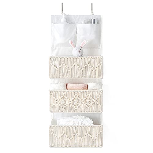 Mkono Macrame Over The Door Organizer Boho Decor Hanging Nursery Storage with 3 Large Woven Pockets, Back of Door Organizer for Bedroom Bathroom Closet Pantry Dorm, Ivory, Gifts for Mother, Girls