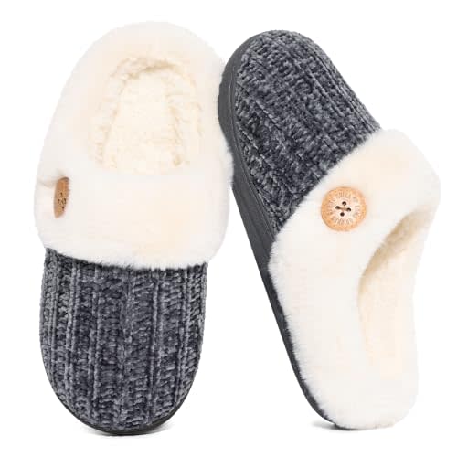 Evshine Warm Knit House Slippers for Women Comfy Wool-Like Lined Chenille Slippers with Memory Foam and Indoor Outdoor Soles