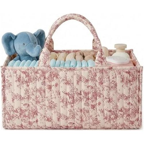 Quilted Fabric Storage Basket Floral Baby Diaper Caddy Quilted Basket Organizer for Newborn Nursery Bedroom Car Storage
