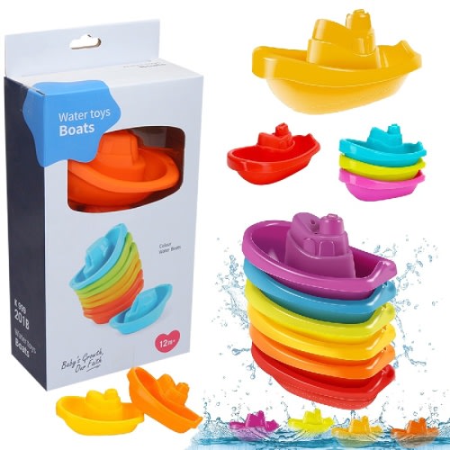6-Pack Rainbow Stackable Boats with Music & Splash - Durable Plastic Bath Toys for Toddlers, Perfect for Summer Water Play, Christmas, Halloween, Birthday