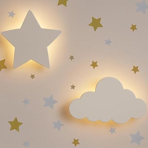 Cloud & Star Wall Lights 2 Pack Dimmable & Rechargeable Nursery Lights for Kids & Baby Room Decor White Made for Bedtime Routines (Star Decals Included)
