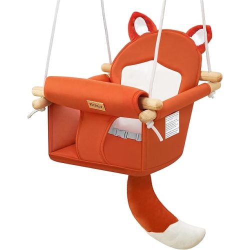 Wooden Baby Swing with Soft Safety Belt, Cozy Infant Swing Seat for Indoor & Outdoor Use, Adjustable Height, Includes Mounting Hardware – Suitable for Babies & Toddlers（Fox-Themed in Red）