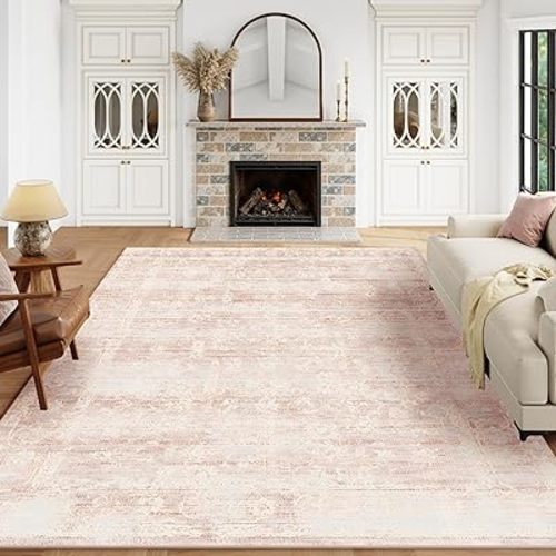 5x7 Washable Area Rugs for Bedroom, Neutral Boho Rugs for Living Room, Vintage Large Soft Faux Wool Carpet for Girls Nursery, Playroom, Dorm, Office, Dinning Room, Non Slip, Light Pink
