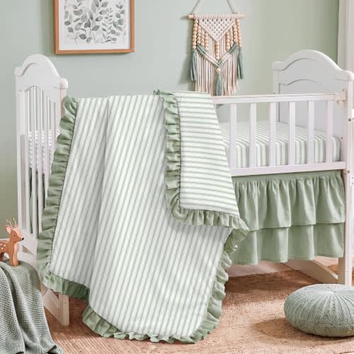 3 Pcs Sage Green Stripe Crib Bedding Set for Baby Girls & Boys | Ruffled Design, Soft Baby Bedding Set with Comforter, Fitted Sheet and Bed Skirt, Nursery Essentials for Infant Room Decor