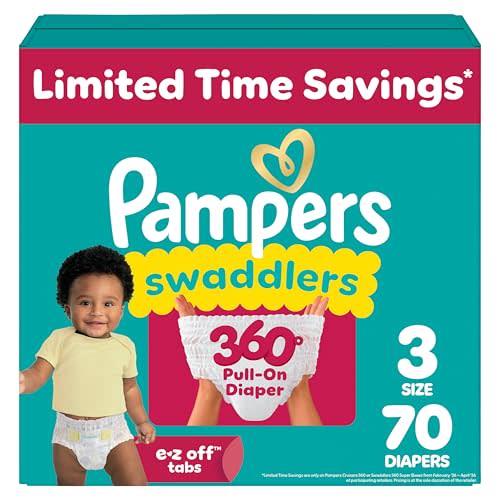 Pampers Diapers - Swaddlers 360° - Size 3, 70 Count, up to 100% Leakproof Comfy Dry Fit, Designed for Easy Changes, Pull On Baby Diaper (Packaging May Vary)