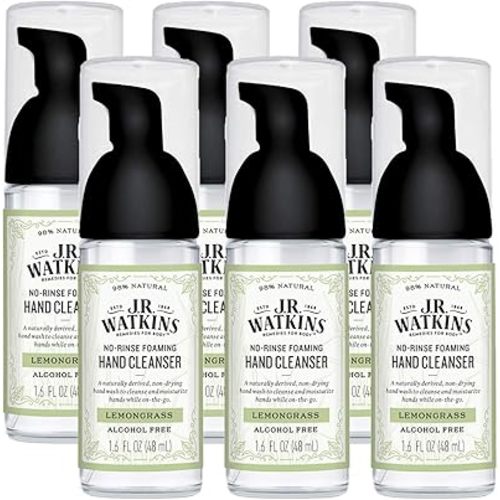 J.R. Watkins No-Rinse Foaming Hand Cleanser – Hand Soap in Pump Dispenser – Bathroom & Kitchen Foam Cleaner – All Natural, Alcohol Free, Lemongrass, 1.6 fl. Oz., 6 Pack