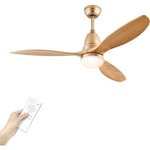 52 Inch Champagne Gold Ceiling Fan with Light Wood Blade 3 CCT