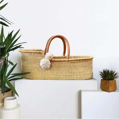 Camel Vegan Leather Handle Moses Basket
