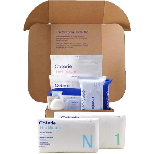 Coterie Newborn Starter Kit | Diapers (NB-3), Wipes & Skincare Gift Set | Hypoallergenic & TCF diapers, 100% plant-derived fibers & eczema-safe skincare, EWG verified, 9-Piece Baby Registry Kit
