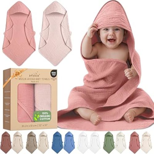 100% Organic Cotton 2 PK Muslin Baby Towels for Newborn 32x32 in