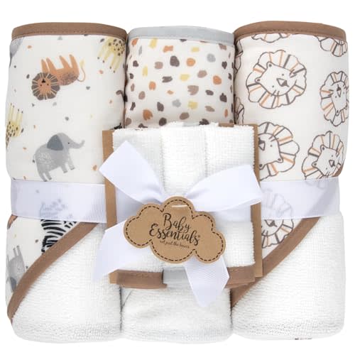 Baby Bath Essential Hooded Baby Bath Towel and Washcloth 6 Piece Set for Newborns, Infants & Toddlers, Boys & Girls Baby Hooded Towels Set (Safari Animals)