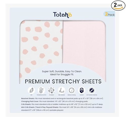 TotAha Premium Soft Bassinet Sheet for Boy Girl, Super Stretchy Jersey Knit Bassinet Fitted Sheet, Compatible with Halo, Maxi COSI, Mika Micky, SNOO, Baby Delight Mattress, 2 Pack