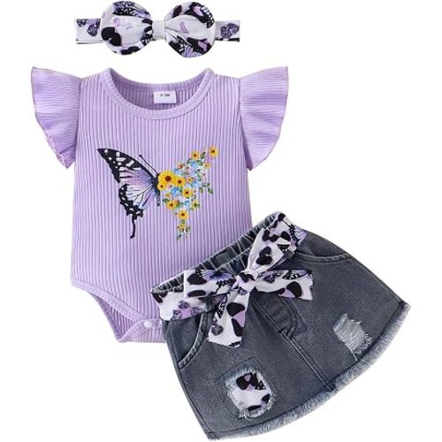 Baby Girl Clothes Ruffle Romper Denim Skirt Bow Headband 3PCS 0-18M | Soft Breathable Romper Set Offering All-Day Comfort, Butterfly Print, Denim Skirt, Bow Headband, Daily Wear, Machine Washable