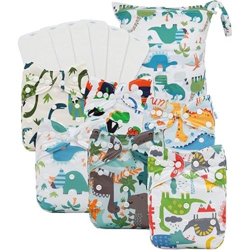 babygoal Dinosaur Cloth Diapers Pack of 13, Baby Reusable Washable Pocket Nappy, 6pcs Diapers+6pcs Rayon from Bamboo Inserts+Wet Bag