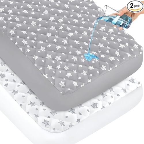 Waterproof Pack and Play Mattress Pad Protector 39" x 27" 2 Pack, Compatible with Graco Pack n Play, Playard Mattress Protector, Grey & White Star