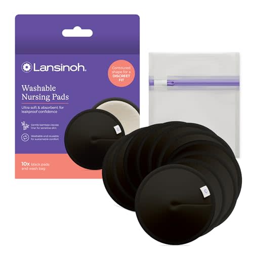 Lansinoh Washable Nursing Pads, Black, 10 Count | Reusable Breast Pads for Breastfeeding Made With Organic Bamboo Viscose, Includes Wash Bag