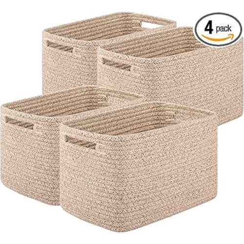 Storage Baskets for Organizing, Woven Decorative Baskets for Shelves - Books, Towels, and Clothes, Cotton Rope Toy Storage Bins, 12.7''Lx9''Wx7.8''H, Pack of 4, Brown