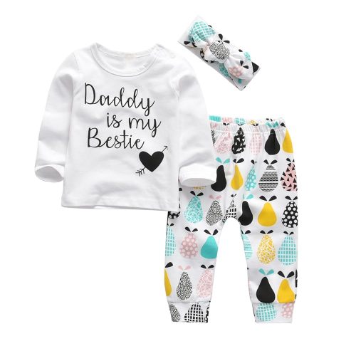 KuKitty 3Pcs Baby Girl Outfits Set Long Sleeve T-Shirt Tops Flowers Pants with Headband