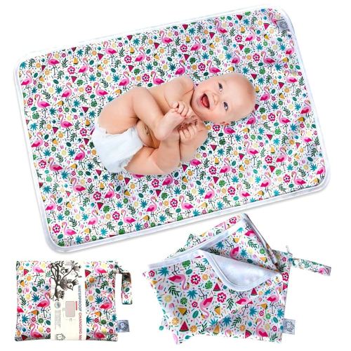 Flock Three Waterproof Baby Diaper Changing Pad with Storage Bag (43.3" X 28.7") Washable Wipeable Reusable Leak Proof Diaper Travel Mat Station Changing Mattress Liner Cribs Bed Cover, Flamingos