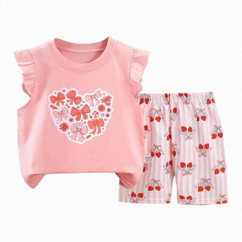 CAUYDY Toddler Girls Summer Outfit Cotton Kids Pajamas Set 2Pcs Baby Girl Ruffled Short Sleeves and Shorts Set Little Girls Summer Clothes for 6-24M 3T 4T 5T (Sizes 3-6 Months,D1-Light Pink)