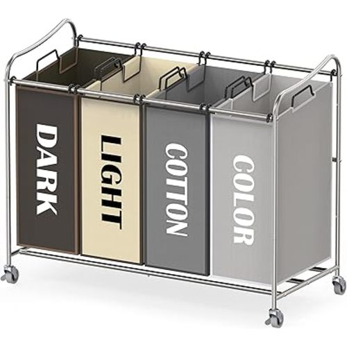 Simple Houseware 4-Bag Heavy Duty Laundry Sorter Rolling Cart, Silver/Assorted