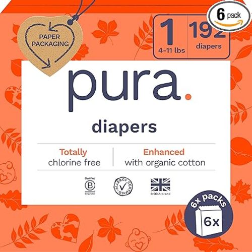 Pura Hypoallergenic Diapers, Size 1 (4-11 lbs), Monthly Pack, Totally Chlorine Free, Wetness Indicator, Suitable for Sensitive Skin, Soft Cotton Comfort, Overnight, 6 Packs of 32 (192 Baby Diapers)