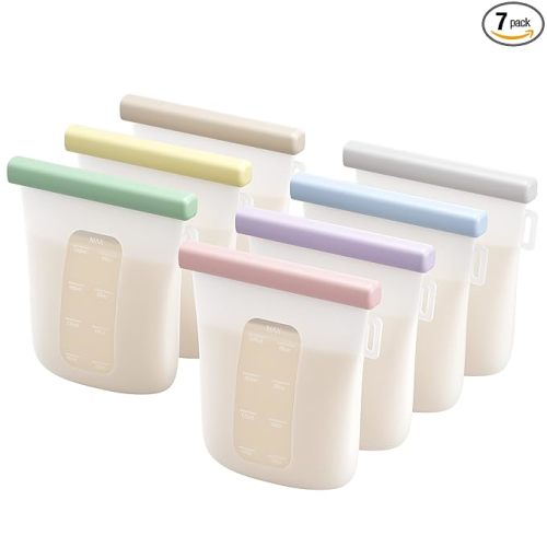 Nuliie 7 Pcs Silicone Breastmilk Storage Bags Reusable, 8oz/240ml Double Leak-Proof Breastmilk Freezer Bags, BPA Free Self-Standing Milk Bags for Breastfeeding, Baby Food Pouches