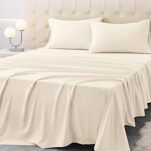 Full Size Bed Sheet Set - 4 Piece Soft Microfiber Sheets with Deep Pockets, Cooling Technology, and Wrinkle-Free Pillowcase. Hotel-Quality, Durable Bedding, Cream