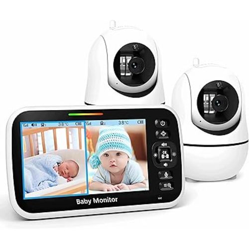 GoodBaby 5" Split Screen Baby Monitor with 2 Cameras and Audio, No WiFi Secure FHSS, 30-Hour Battery, Remote PTZ, Auto Night Vision, Room Temperature, Two-Way Audio，Lullabies，1000ft Range
