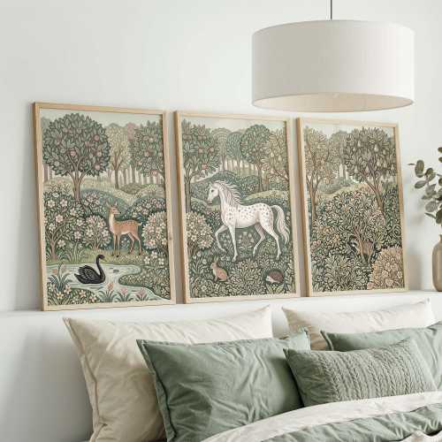 William Morris Woodland wall art set of 3, cottagecore nursery prints, folk art forest animal triptych, whimsical above bed decor