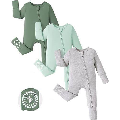 PATPAT Baby Footies Boys Girls - Bamboo Viscose - Zipper & Non-Slip Soles Romper Mitten - Footed & Footless Infant Clothes