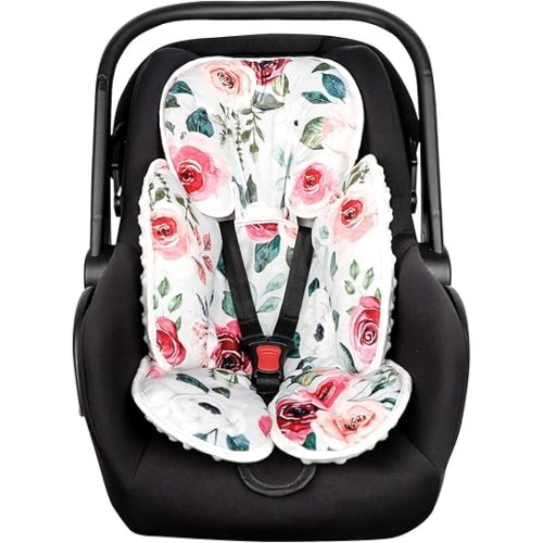 2 in 1 Infant Car Seat Insert, Car Seat Head Support Baby Girls Boys, Soft Newborn Carseat Insert Cushion, Perfect for Carseats, Strollers, Swings (Rose Flower)