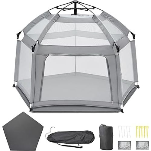 Portable Baby Playpen with Inflatable Mattress & Sunshade,Outdoor Baby Playpen for Babies and Toddlers,Foldable Pop Up Play Tent for Home, Park, Beach and Camping,Beach playpen-Light Gray
