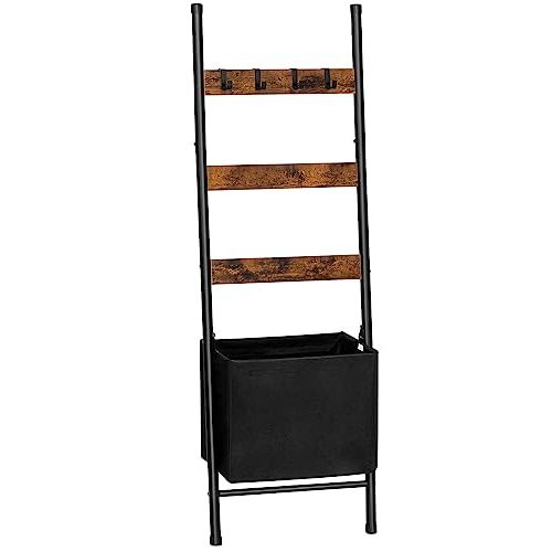 HOOBRO Blanket Ladder with Basket, 17.3”L x 63.4”H, Towel Rack with Hooks, Blanket Holder Rack, Decorative Ladder Shelf, Drying and Display Rack for Bathroom, Living Room, Rustic Brown BF31CJ01