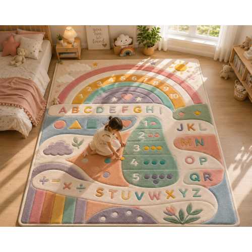 Pastel Rainbow Educational Kids Rug – Alphabet & Numbers Play Mat