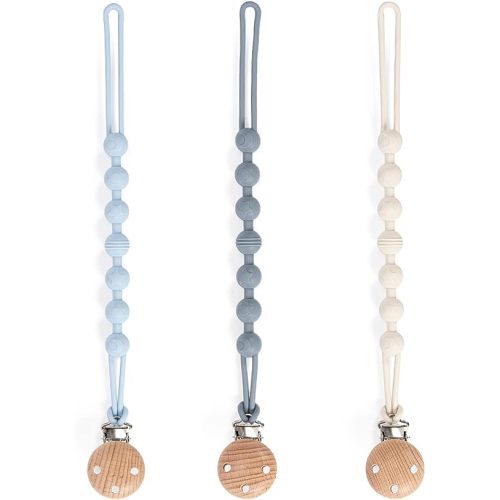 Pacifier Clip, 3 Pack Silicone Pacifier Clips with Wooden Design Pacifier Holder Clip, Soother Clips for Baby Boy & Girl (White+Light Purple+Bean Paste)