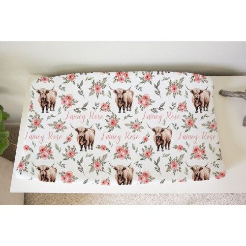 Personalized Highland Cow Changing Pad Cover, Custom Highland Cow Baby Girl Nursery, Highland Cow Matching Nursery Sets, Cowgirl Nursery