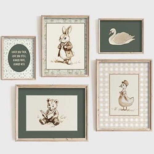 Neutral Woodland Animal Nursery Wall Art Vintage Storybook Baby Boy Room wall Decorate Sage Green Animal Bunny, White Swan,Bear Gallery Picture Poster for Boys' And Girls'Room Playroom Home Decor