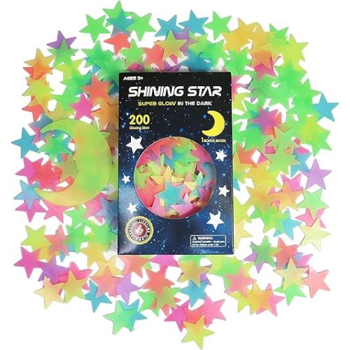 Glow in The Dark Stars and Moon Stickers for Ceiling - 200pcs 3D Luminous Adhesive Stars Create Realistic Starry Sky - Room Decor for Kids Bedroom, Wall Stickers