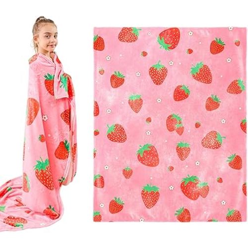 Wajade Kids Pink Strawberry Throw Blanket for Girls Teens Women Soft Fuzzy Flannel Bed Blanket for Kids Adults Plush Christmas Birthday Gifts 50”x60”