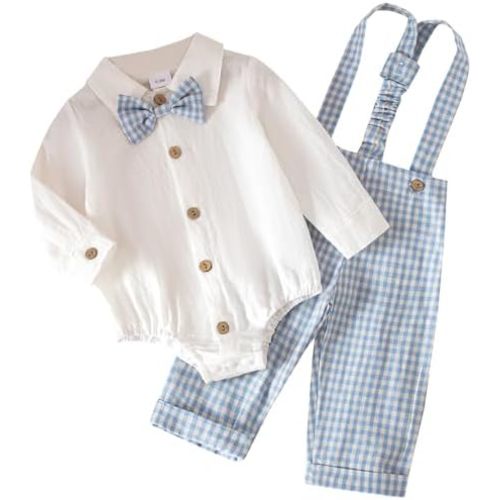 IWEMEK Baby Boy Formal Suit Set Toddler Boys Suspender Romper Bowtie Gingham Pants Newborn Birthday Party Cake Smash Clothes