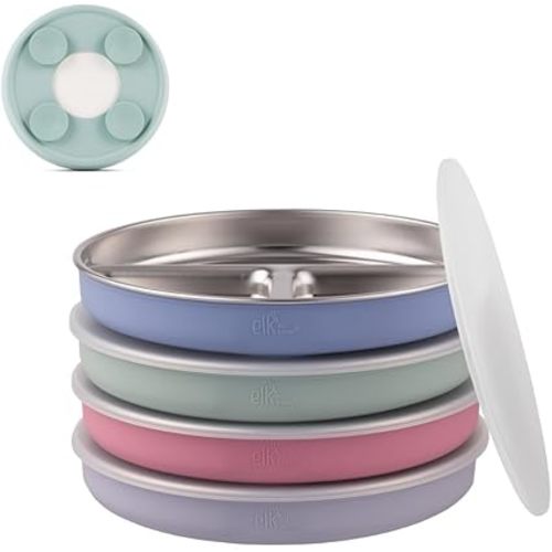 Elk and Friends Kids Stainless Steel Divided Plates with Silicone Suction Sleeves | Lids Included | Suitable for Babies/Toddlers | Dishwasher Safe | Stay Put Dinnerware | Snack Dishes | 4 Pack